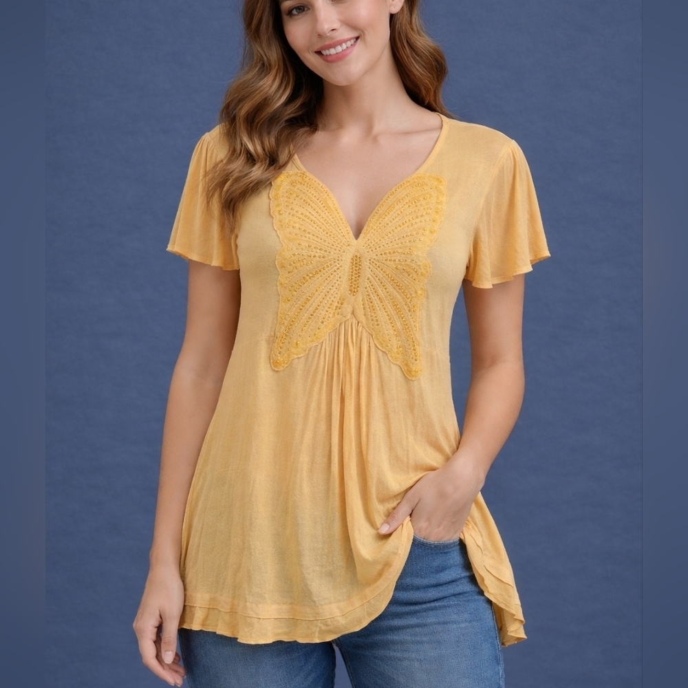 ONE WORLD Canary Yellow Embellished Butterfly Short Sleeve Fairy Tunic Top